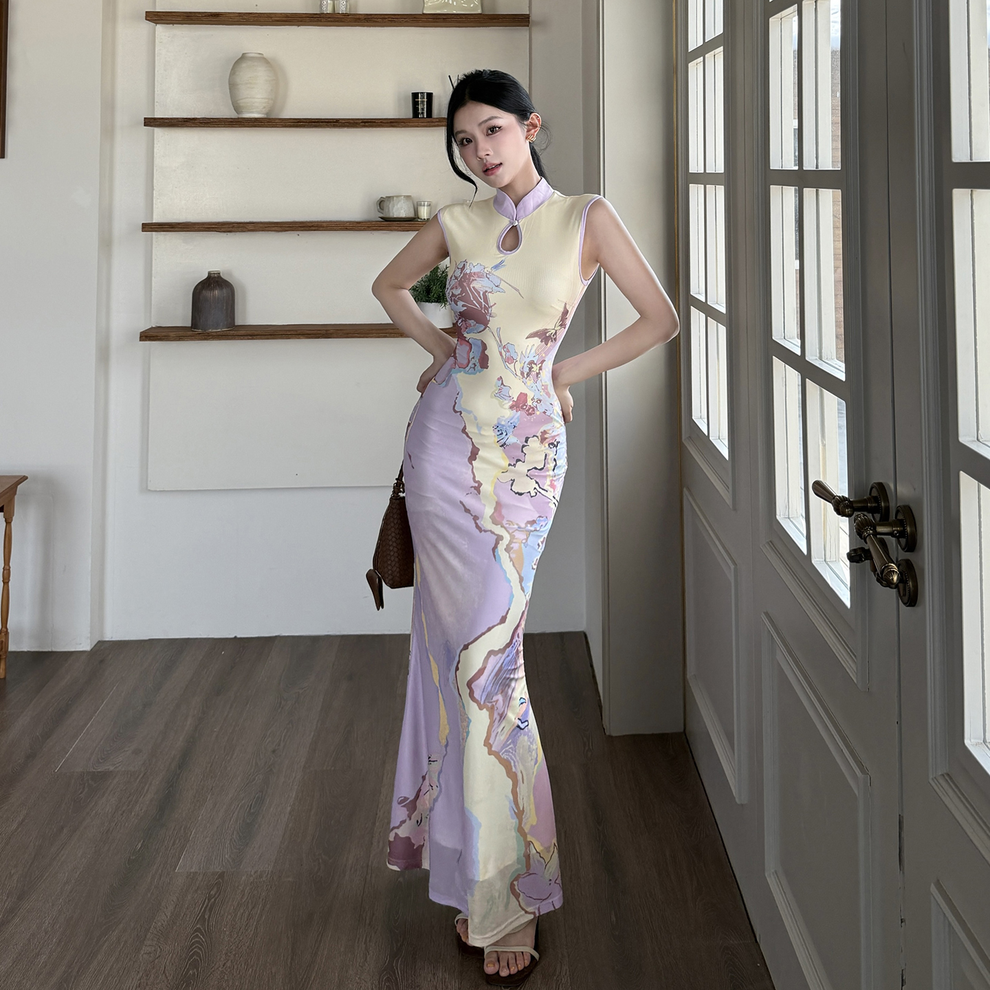 新中式改良网纱印花旗袍连衣裙夏季新款无袖修身收腰优雅气质长裙