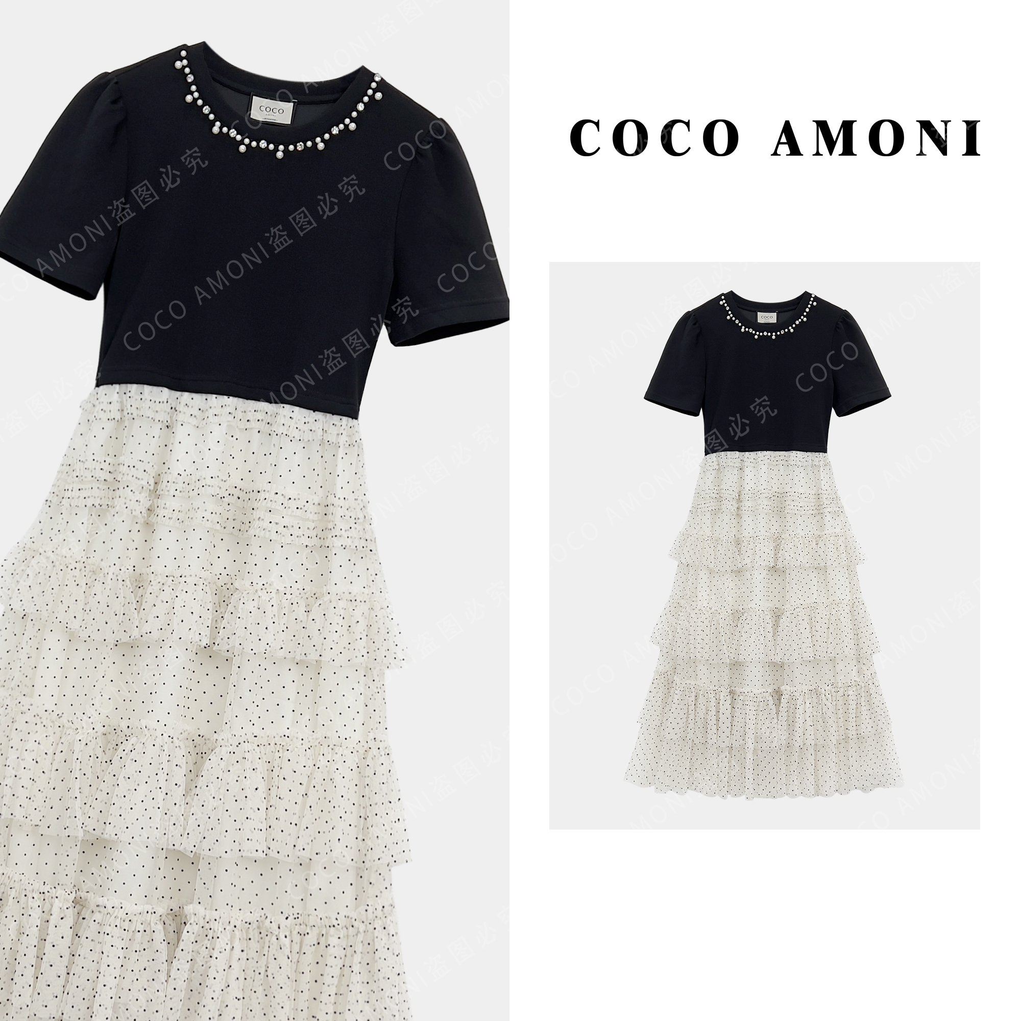 钉珠拼接款大裙摆波点遮肉显瘦连衣裙AC302