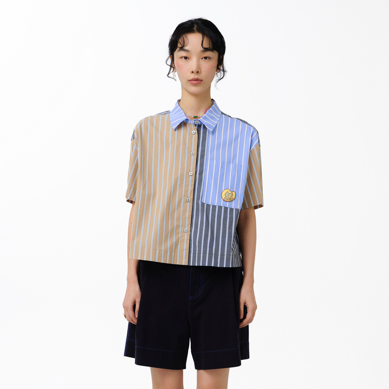 MOVEUP幻走2025夏季新款.FUN 翻领条纹绣花短款衬衫女325220412