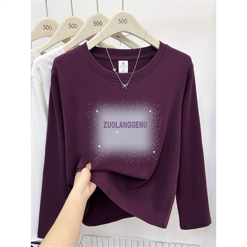 2025秋季新款正肩长袖T恤女星空字母印花显瘦时尚打底衫圆领上衣