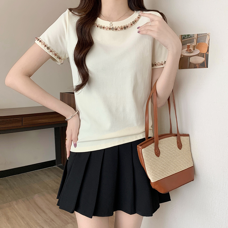 设计感重工串珠短袖t恤女夏季别致独特洋气漂亮小衫正肩上衣