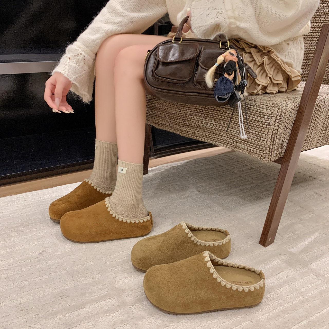 网红勃肯鞋外穿包头半拖鞋女2025秋季新款超火百搭一脚蹬厚底鞋子