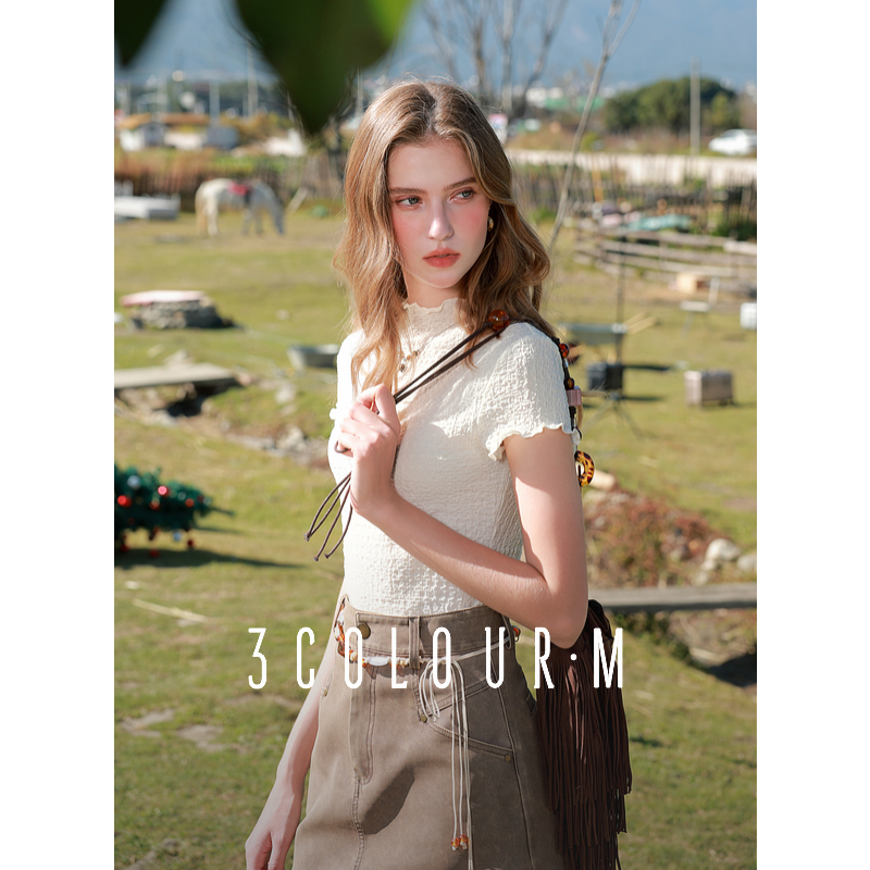 【陈大可专属】三彩2025春季新款泡泡云朵T恤肌理感木耳边立dbc