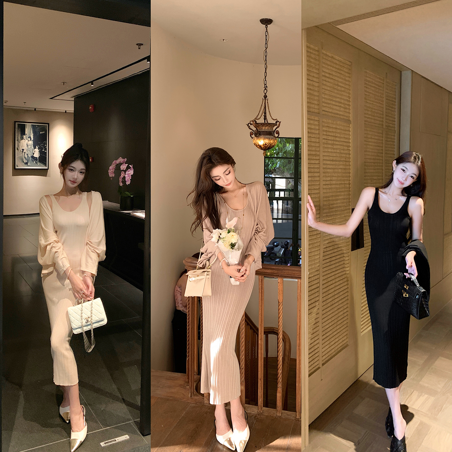 “优雅姐姐”真丝醋酸坑条连衣裙开衫 显身材的女人味魅力-时尚套装