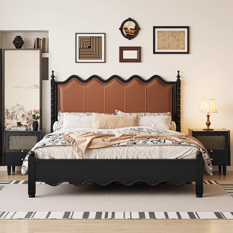 双12美式中古实木床真皮软包床中古风主卧大床美式1.8涟漪x2婚床