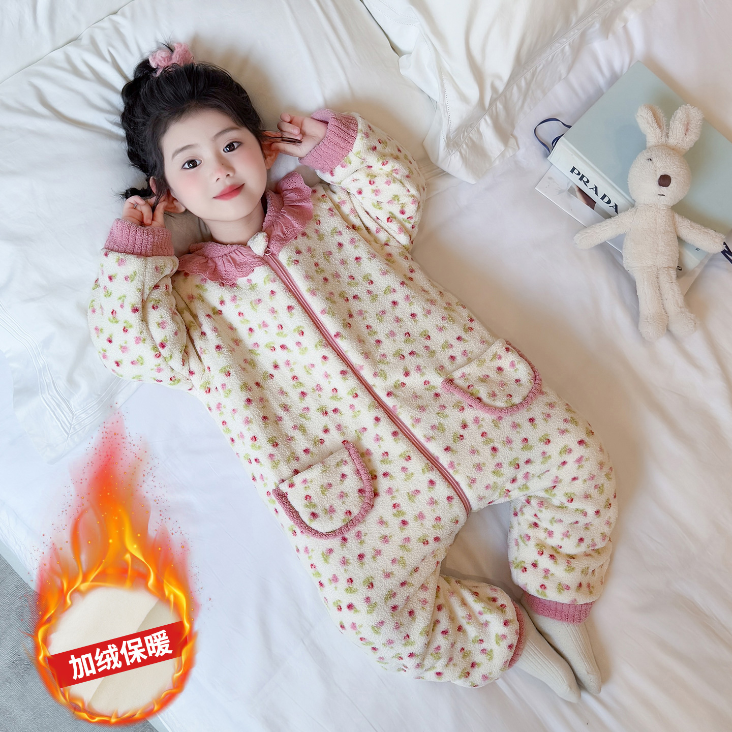 女童连体睡衣秋冬加绒宝宝婴儿睡袋冬季加厚保暖儿童法兰绒家居服