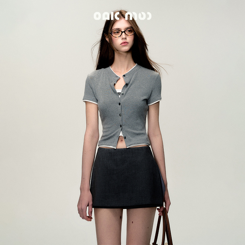 新OAKMOO/ "细腻的鸢尾"烟灰色针织外搭夏季薄款撞色短袖开衫女
