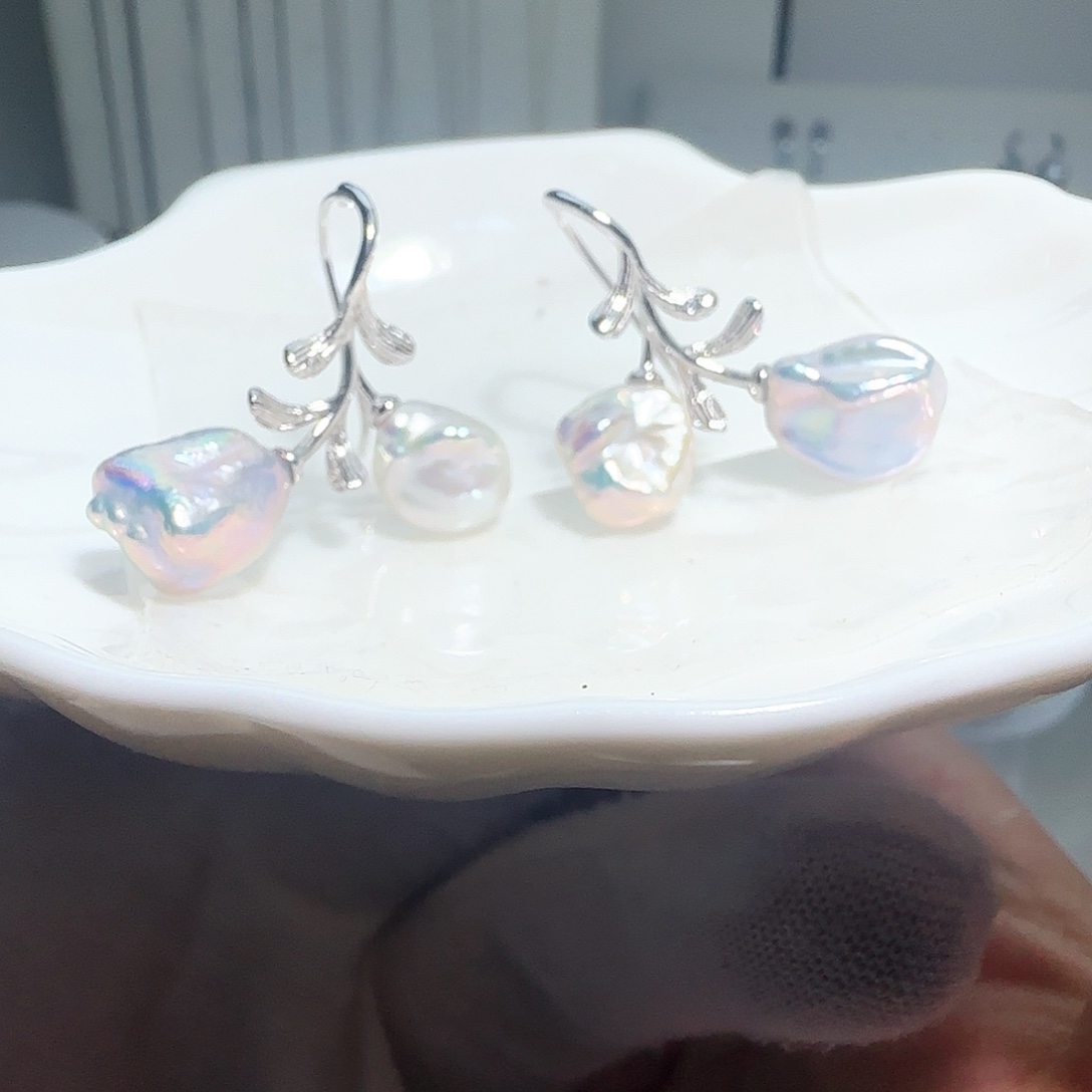 耳饰银S925镶嵌淡水珍珠