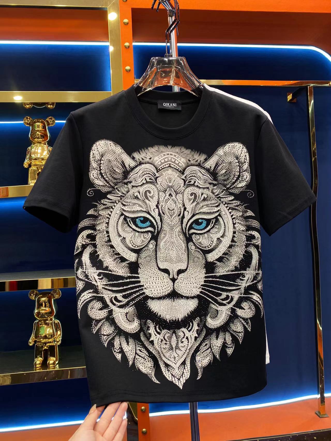 （LW）春季新款轻奢百搭时尚休闲纯棉烫钻圆领短袖T恤...