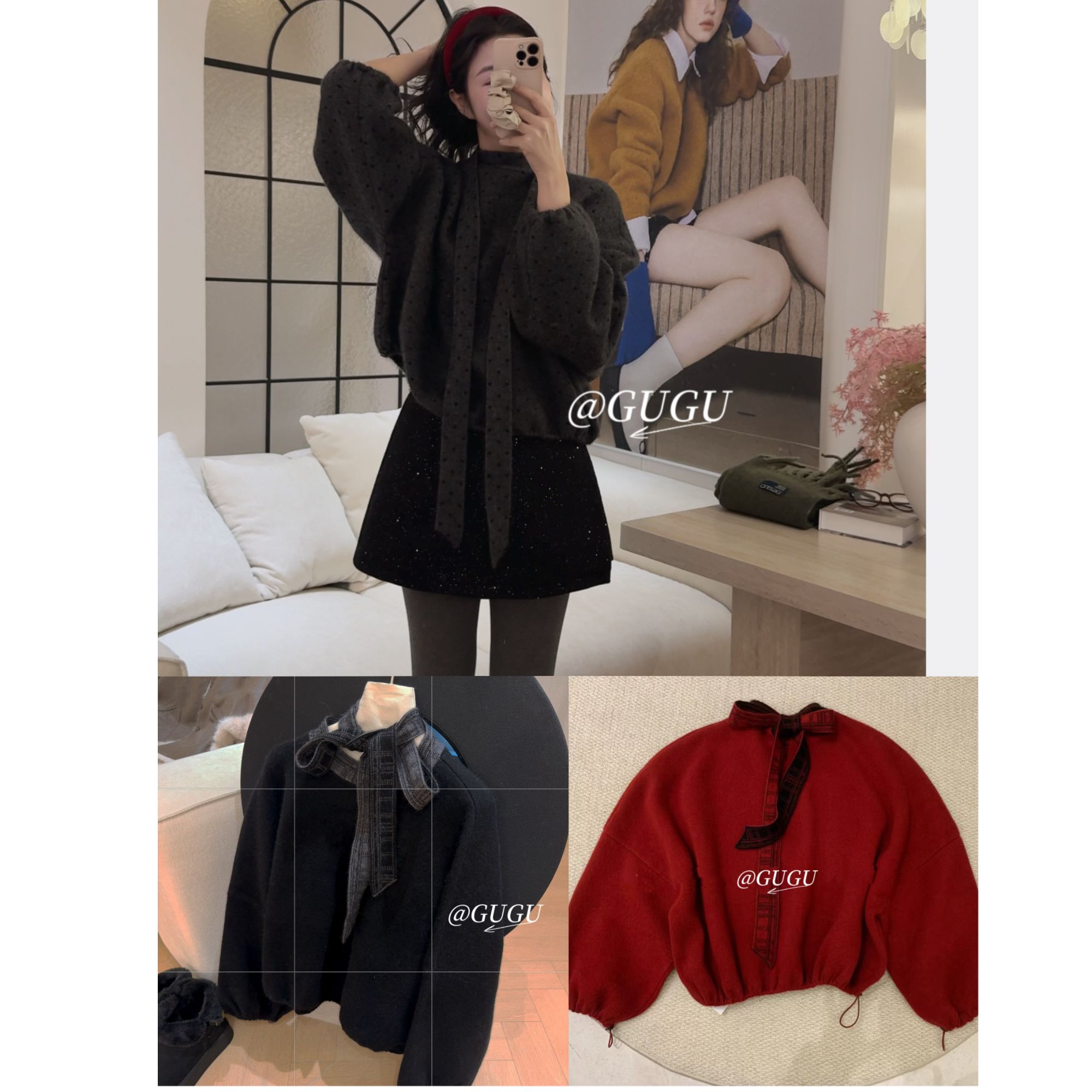 【古古】韩系蝴蝶结高比例浣熊羊毛纯色厚款蝙蝠袖毛衣双层 G625624