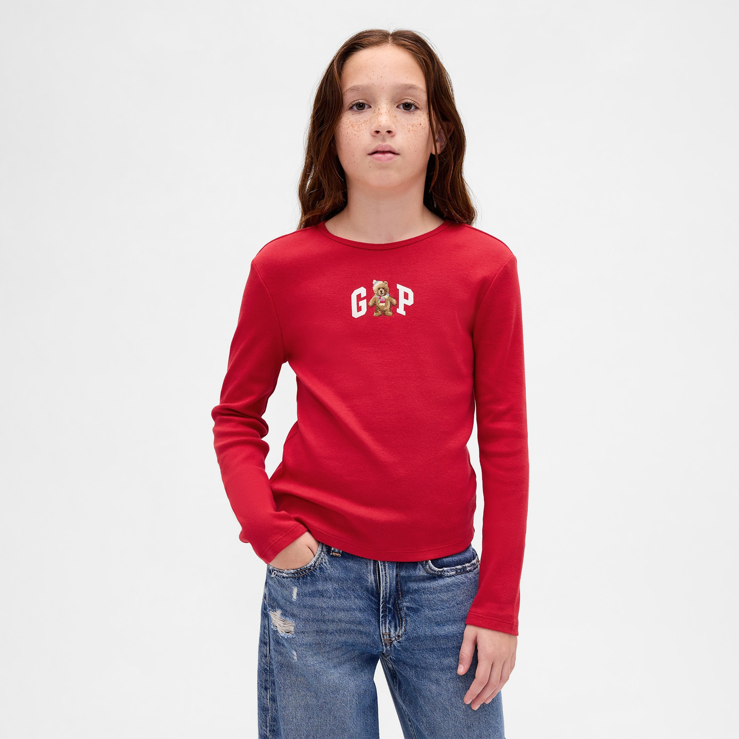 Gap女童2025冬季新款纯棉logo小熊圆领长袖T恤打底装847083