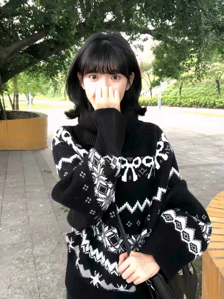 圣诞氛围感复古费尔岛高领毛衣女秋冬针织外套短裤套装女#8368