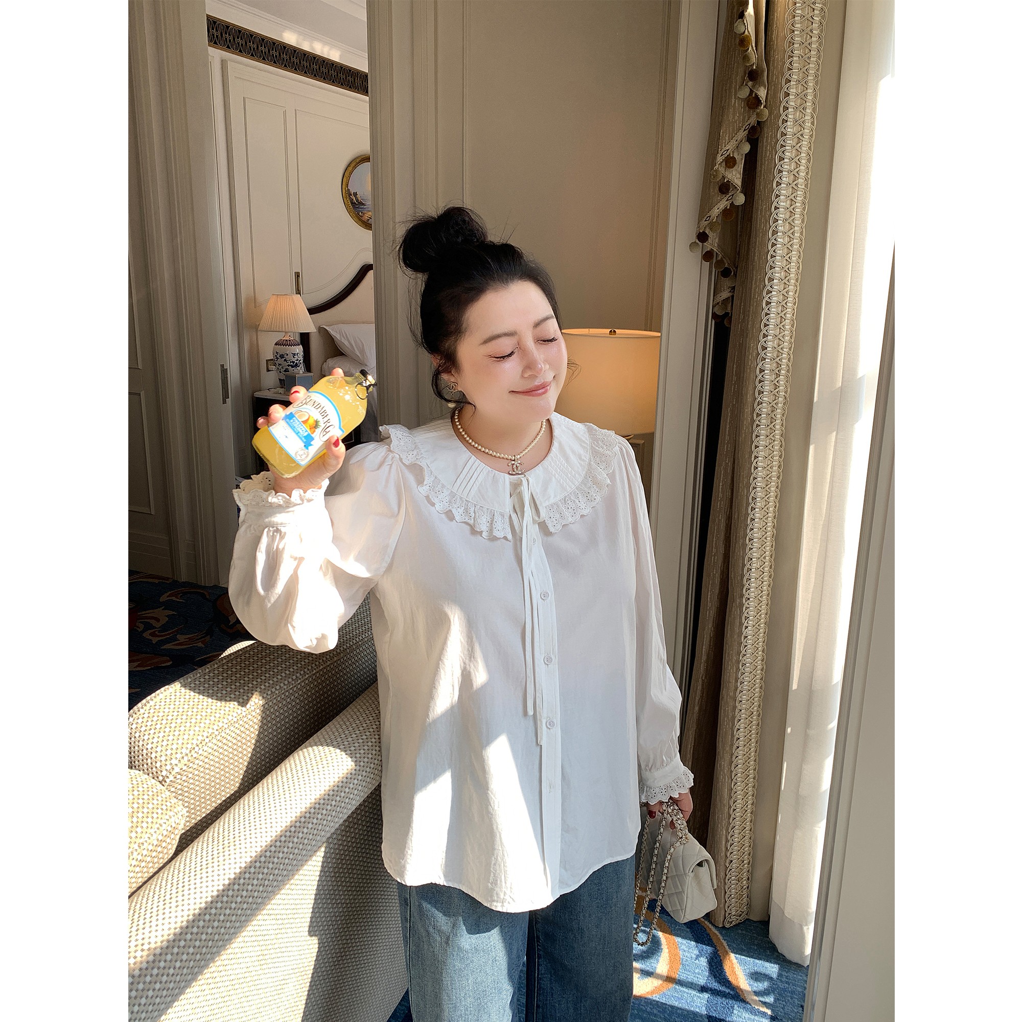 【肉肉定制】大码女装春季新品法式系带娃娃领甜美衬衫显瘦上衣