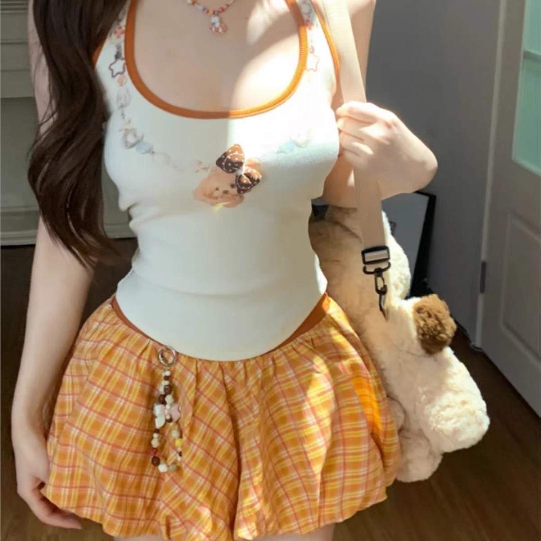 非图片款夏季修身显瘦纯欲风吊带背心搭配高腰半身裙套