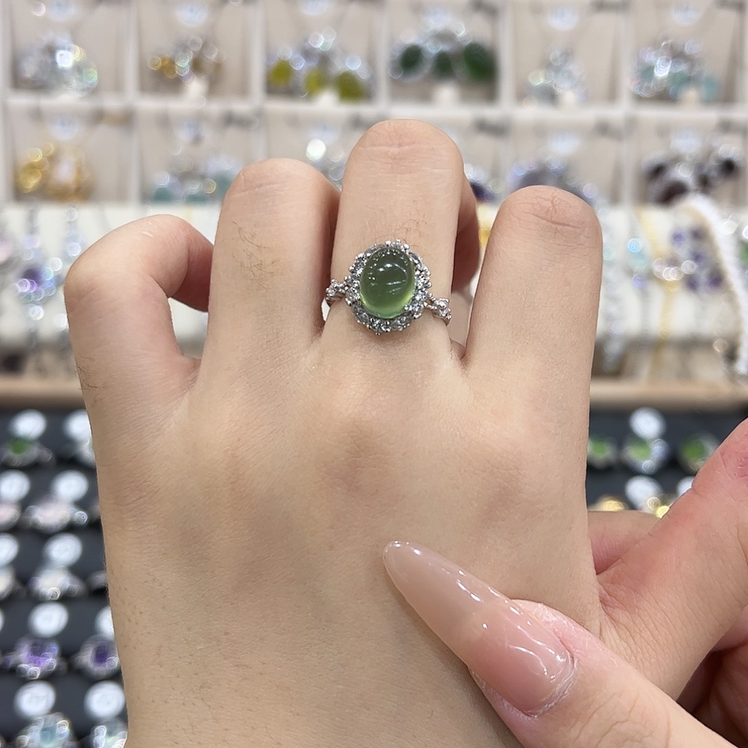 岫玉银S925镶嵌戒指繁花爆款