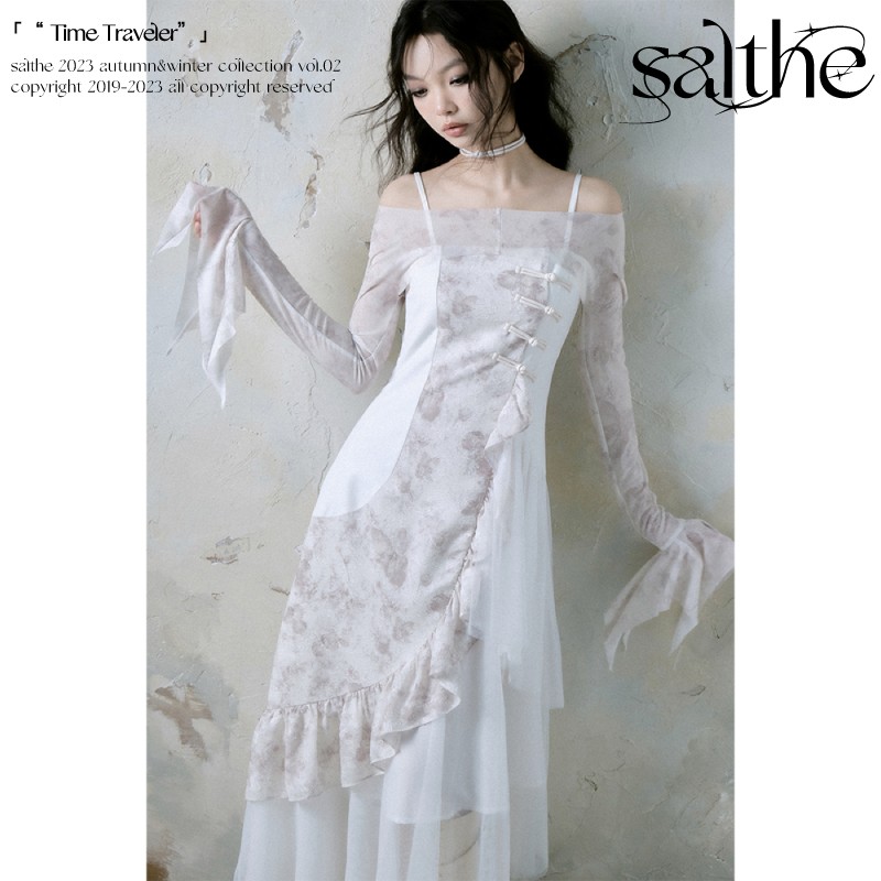 【Q39】SALTHe盐茶 落梦枯兰 新中式一字肩吊带连衣裙 ST23C0615B