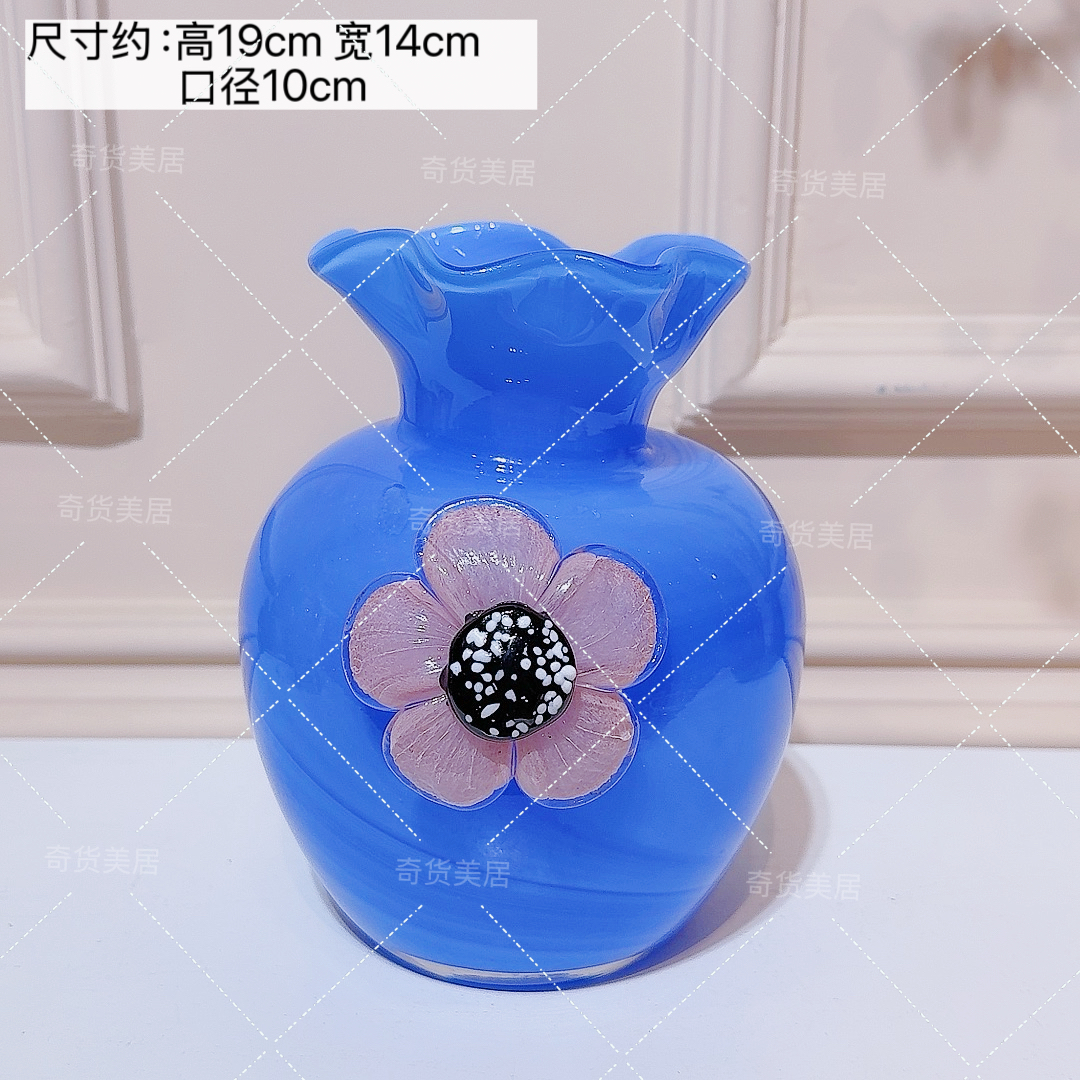 艺术创意浮雕花朵蓝色琉璃花瓶客厅客厅摆件最新款2025高档大气
