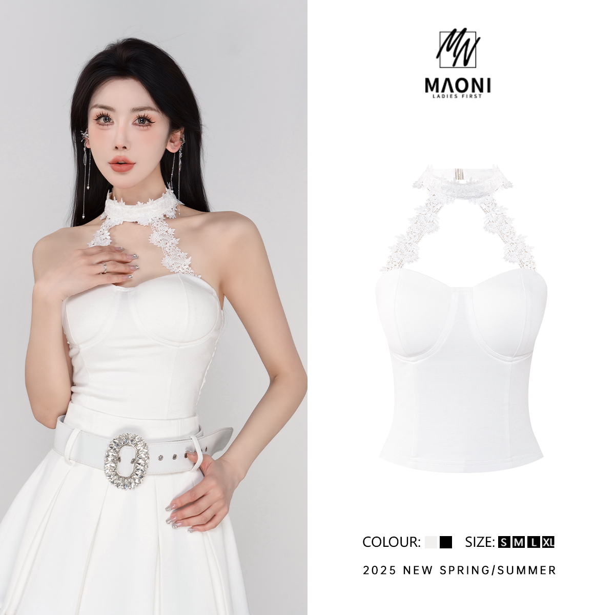 毛妮Peshe【挂脖蕾丝吊带】修身纯欲甜美设计抹胸背心2025春L1293