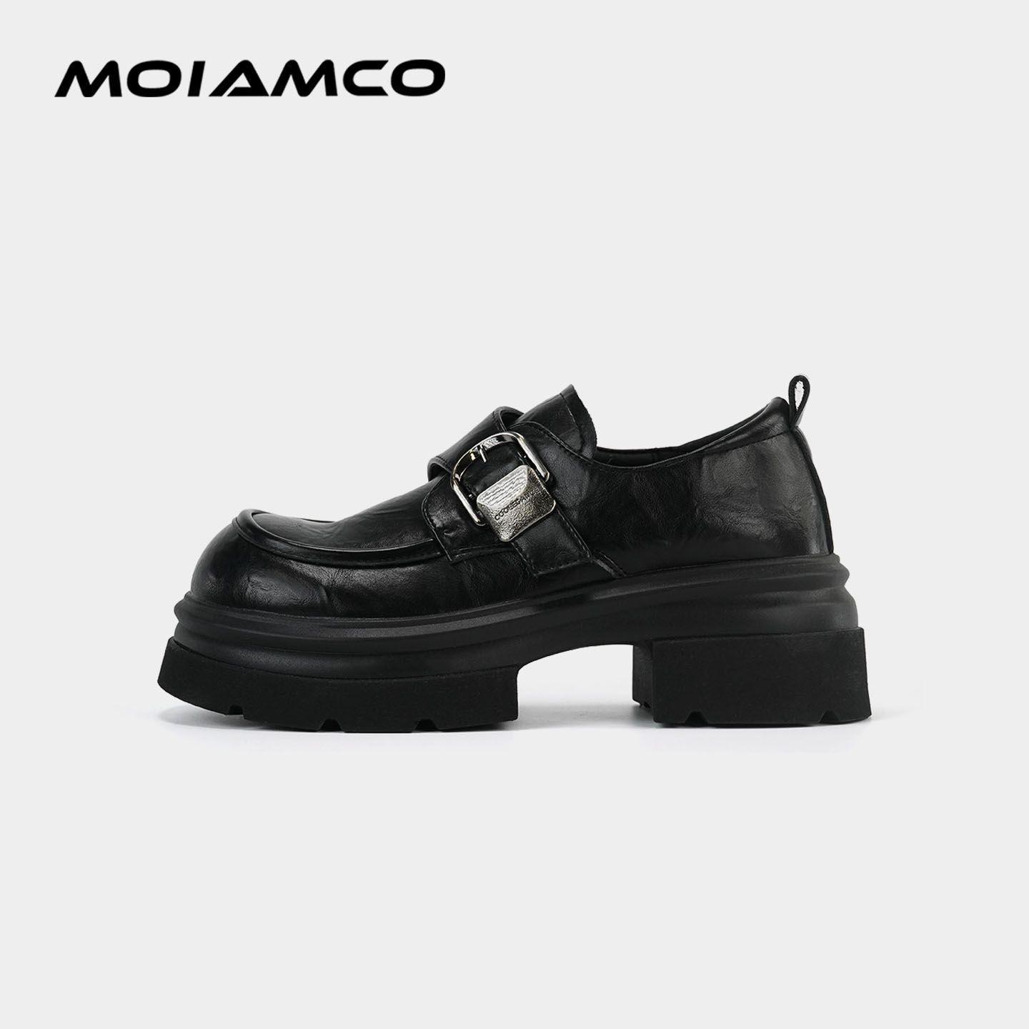 Molamco厚底小皮鞋女黑色增高浅口单鞋乐福鞋