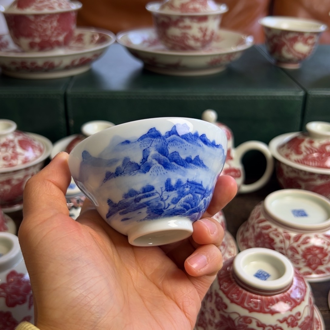 H柴窑手绘山水葫芦杯