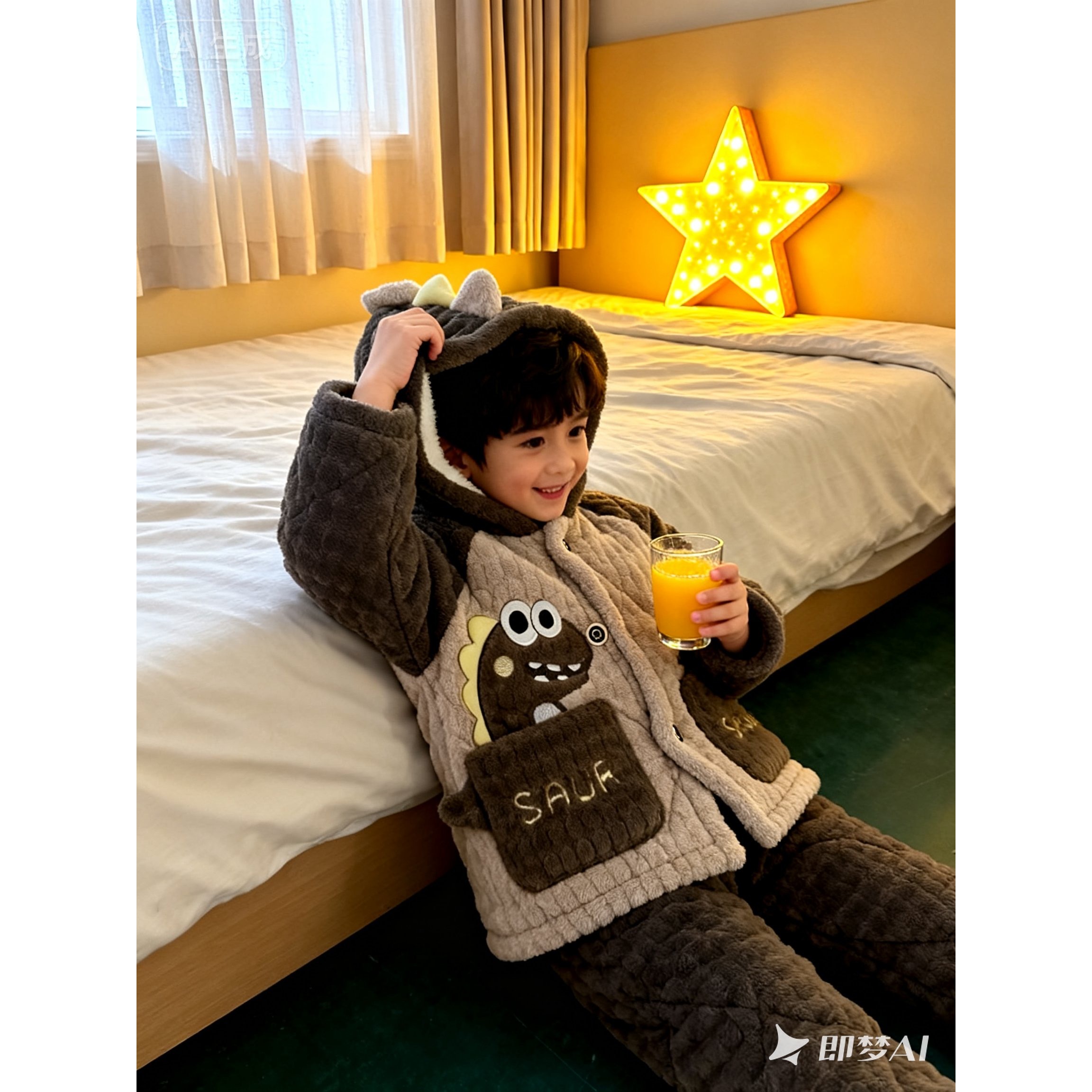 花嫂冬季新款小恐龙卡通三层加棉加厚家居服套装1819