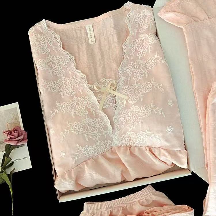 3号链接夏季中国风女睡衣舒适三件套泡泡袖带胸垫一体居家服睡衣