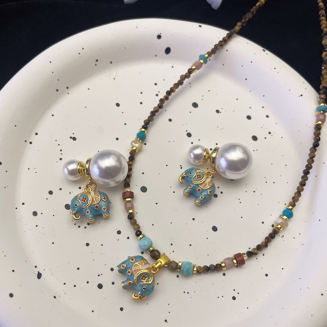 铜石英石项链 原创复古滴油小象虎眼珍珠项链配饰女轻奢小众高级