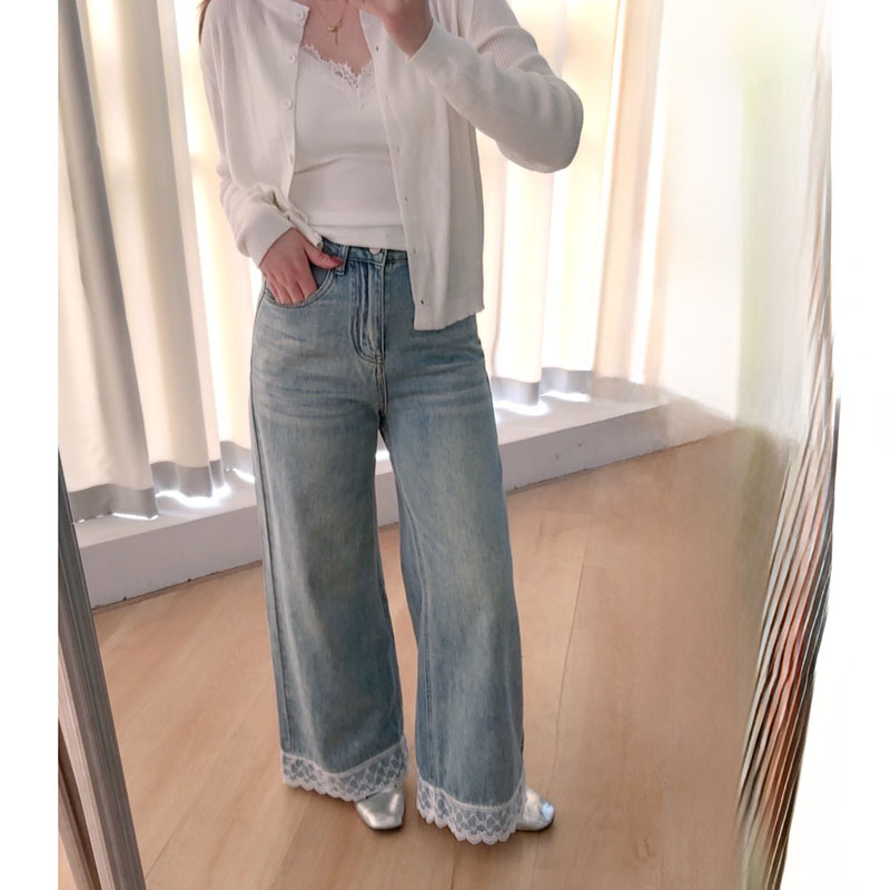 【小媛家】欧货时尚设计感蕾丝边拼接阔腿直筒牛仔裤女2025春款