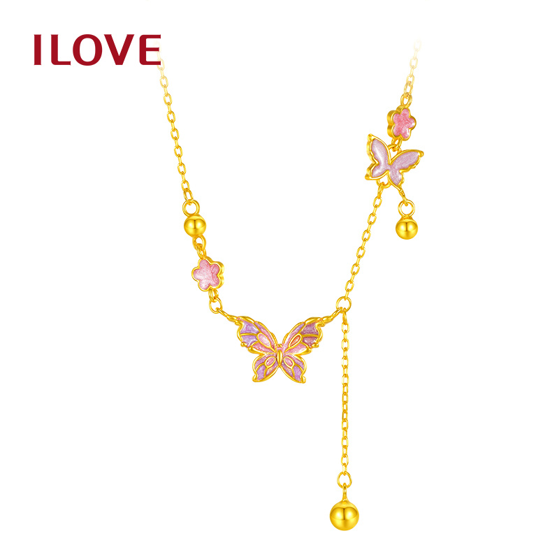 【I LOVE】蝶恋花银镀金色套链吊坠925银珐琅 #50061