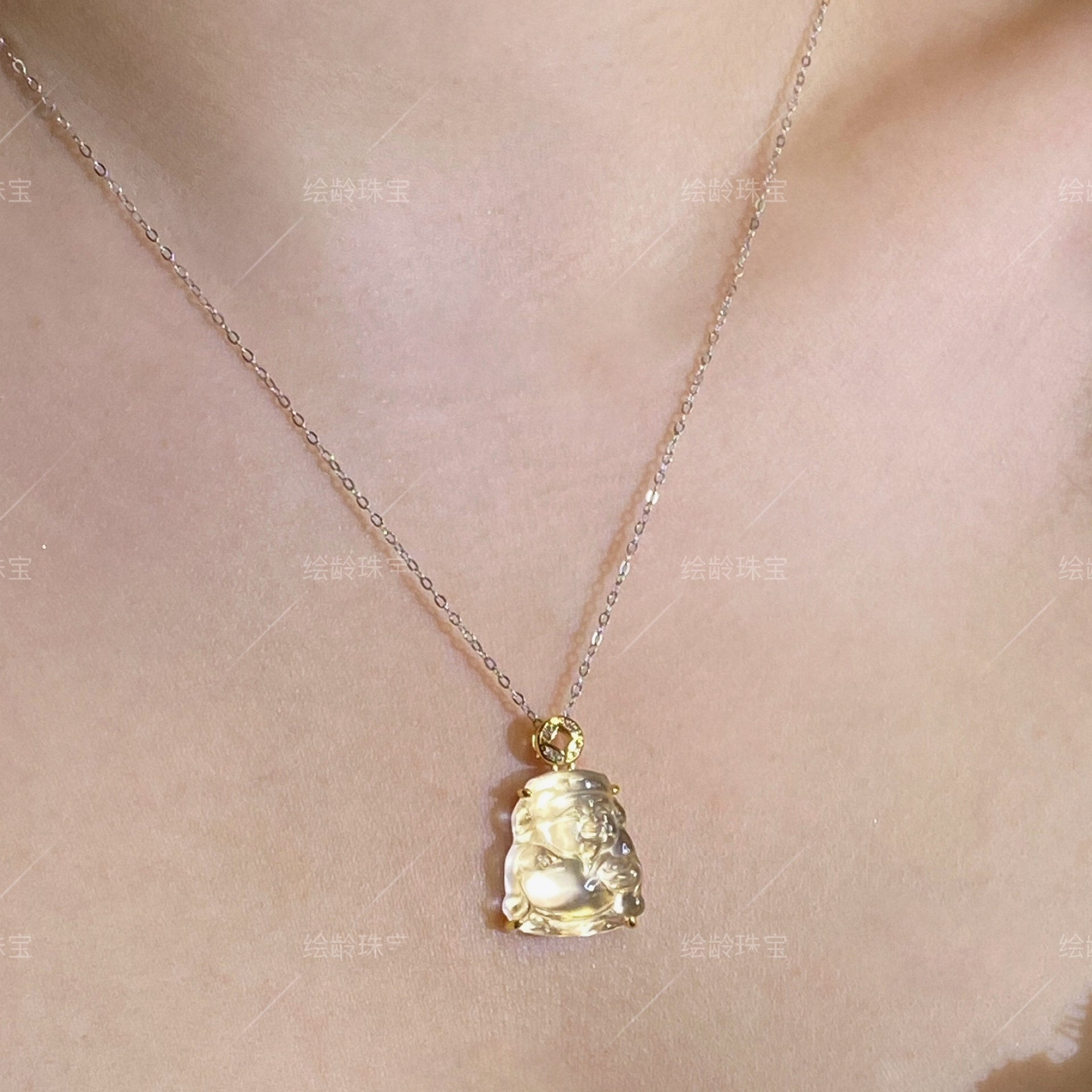 925银天然石英质玉金色财神吊坠手工雕刻锁骨链封底设计送银链子