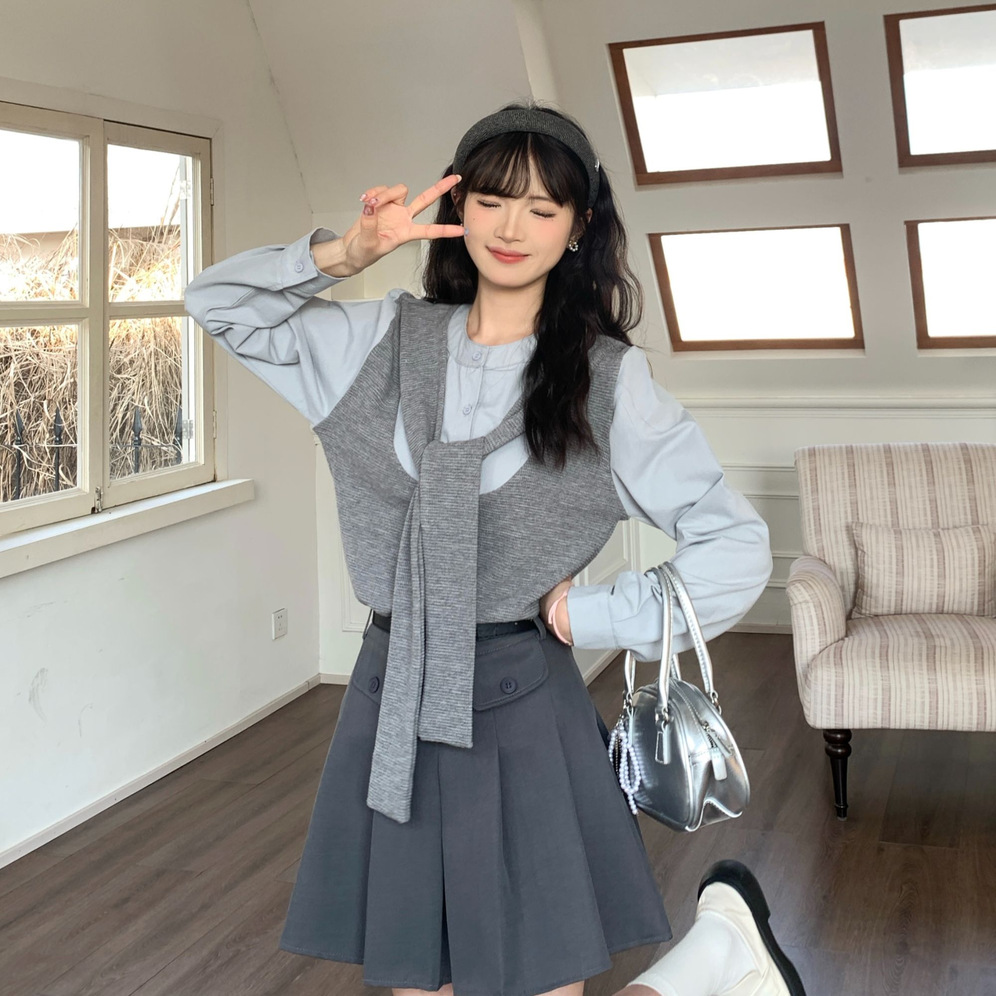 法式休闲拼接长袖短款衬衫女秋新款设计小众时尚百搭上衣TU29874