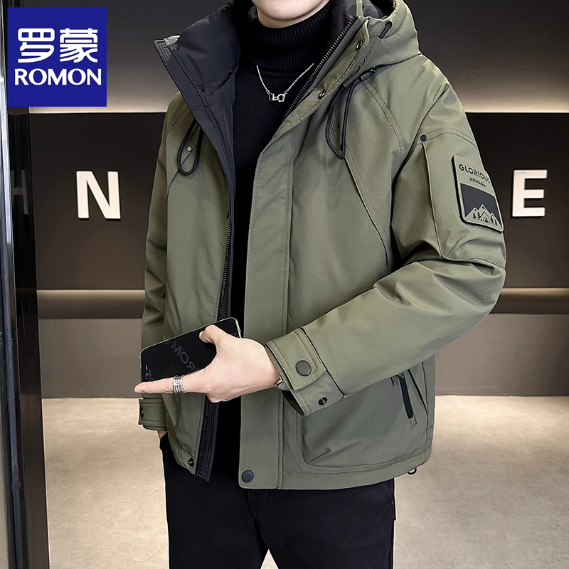 Romon/罗蒙男士冲锋羽绒服冬季新款潮牌帅气高端连帽保暖防寒外套