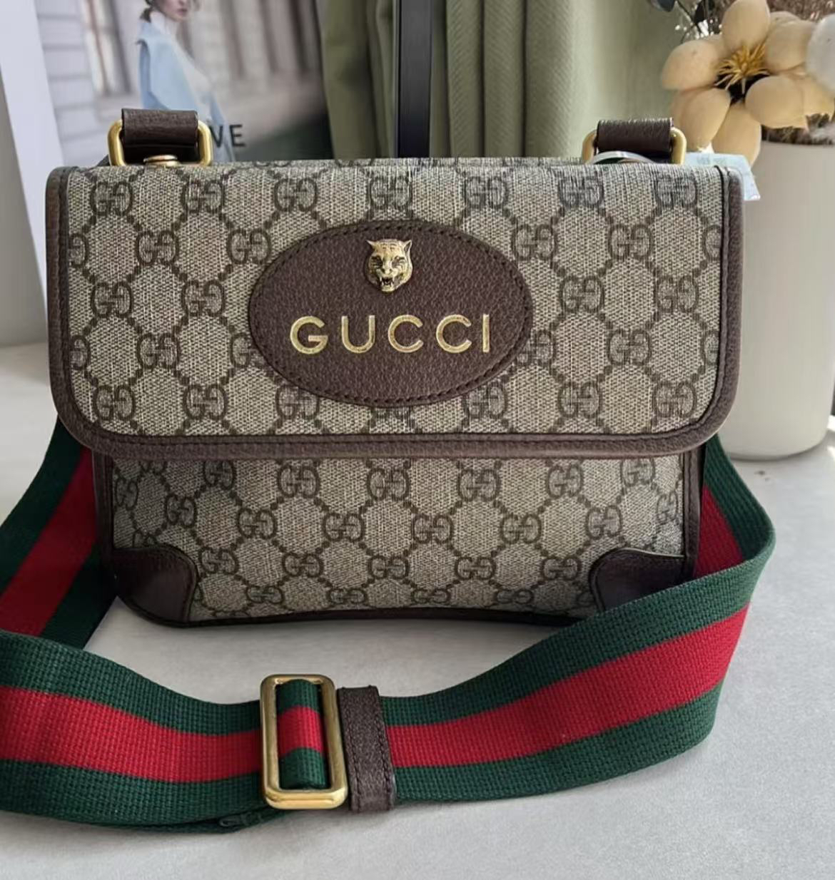 95新 GUCCI/古驰 古驰c1327老花双面虎头单肩包