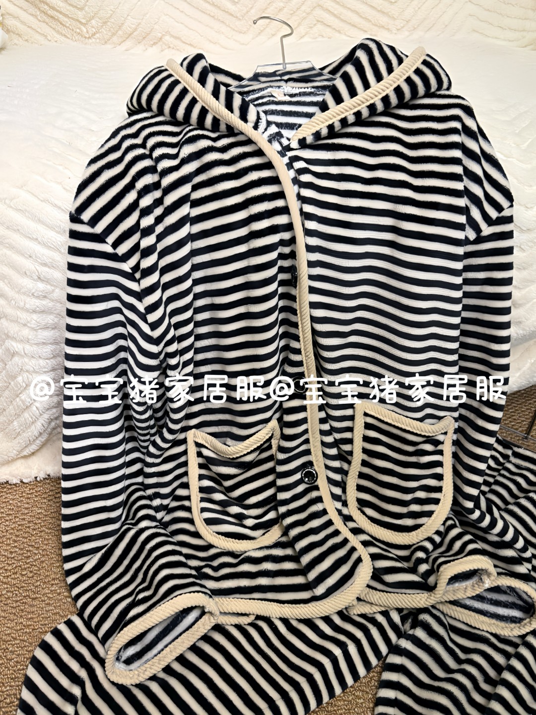 条纹连帽保暖连帽长裤家居服套装厚款冬季条纹睡衣