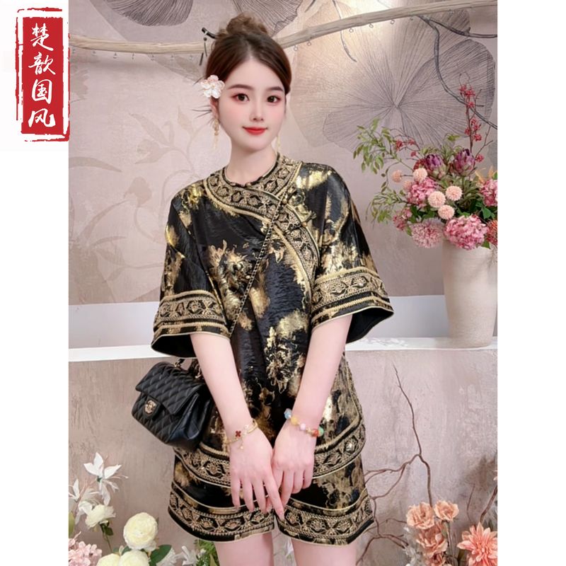 【夏日黑金】2025新款夏季新中式国风套装女装提花上衣+短裤两件套
