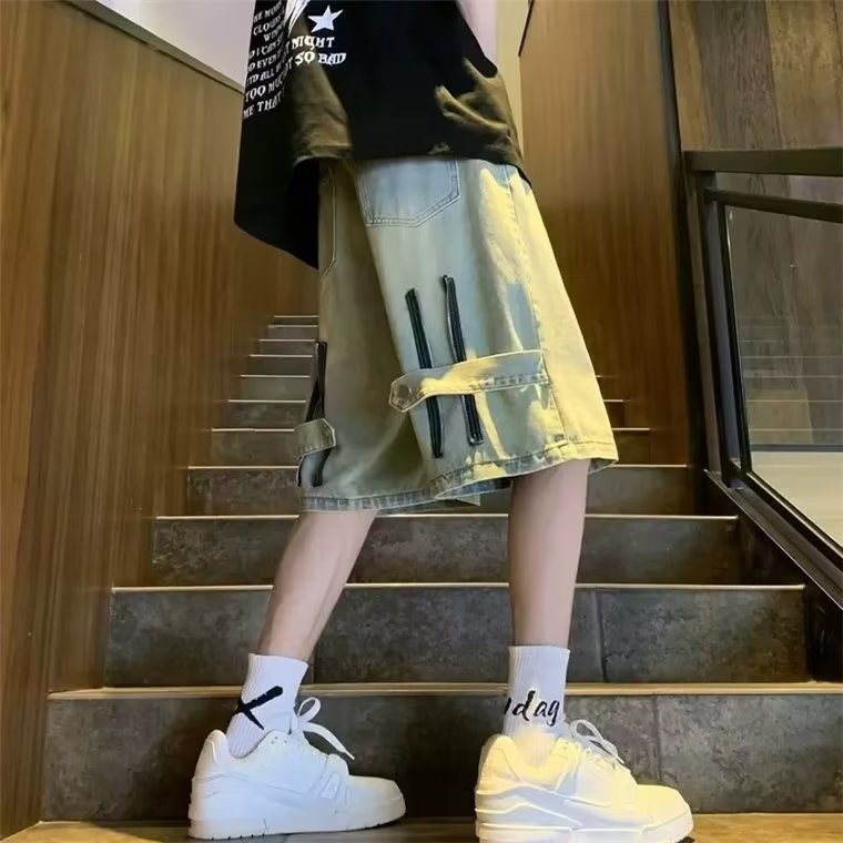 TG09夏季牛仔裤男士短裤中性ins韩版宽松阔腿直筒裤夏季五分裤