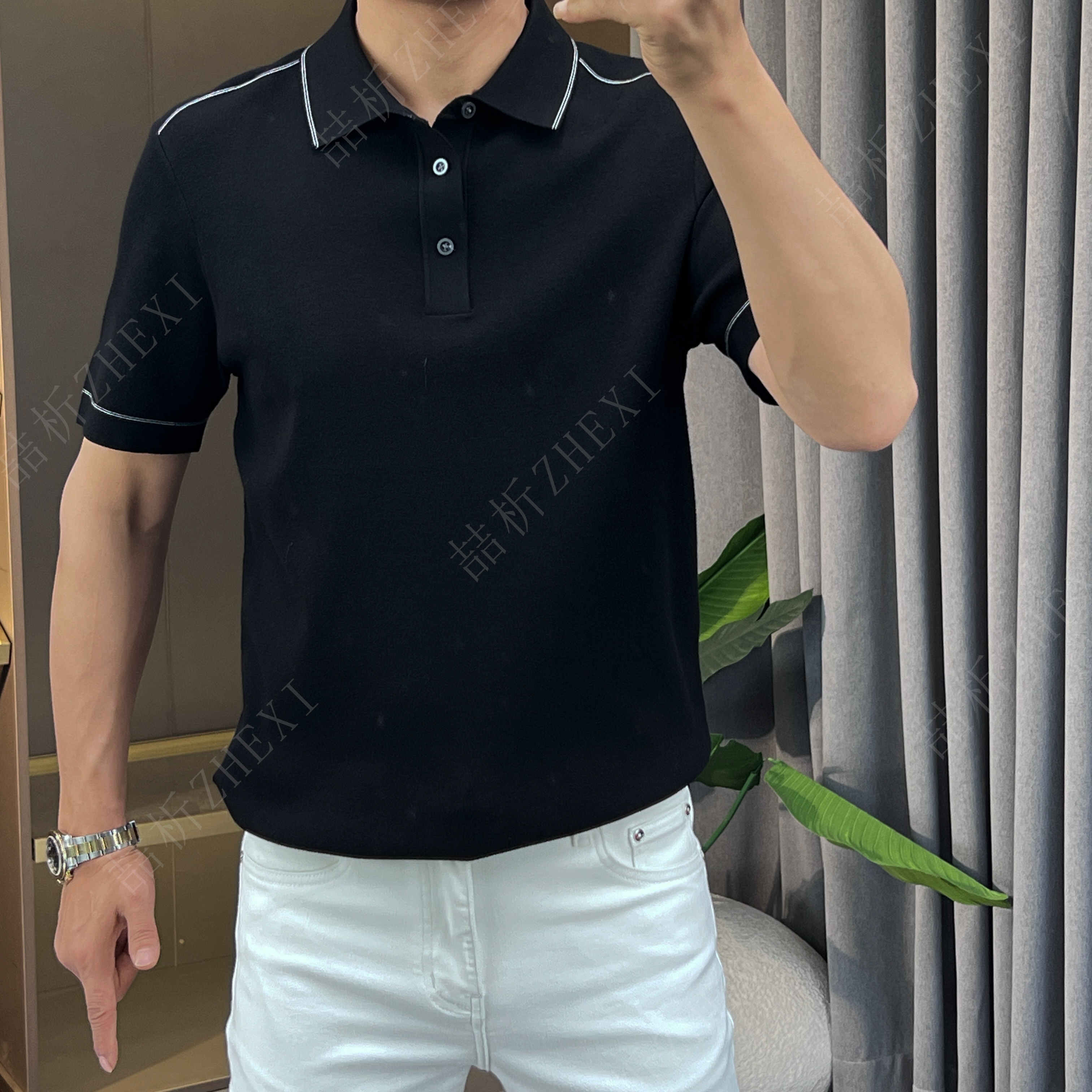 25新款男士针织修身高品质翻领休闲百搭时尚轻奢上衣半袖潮流简约