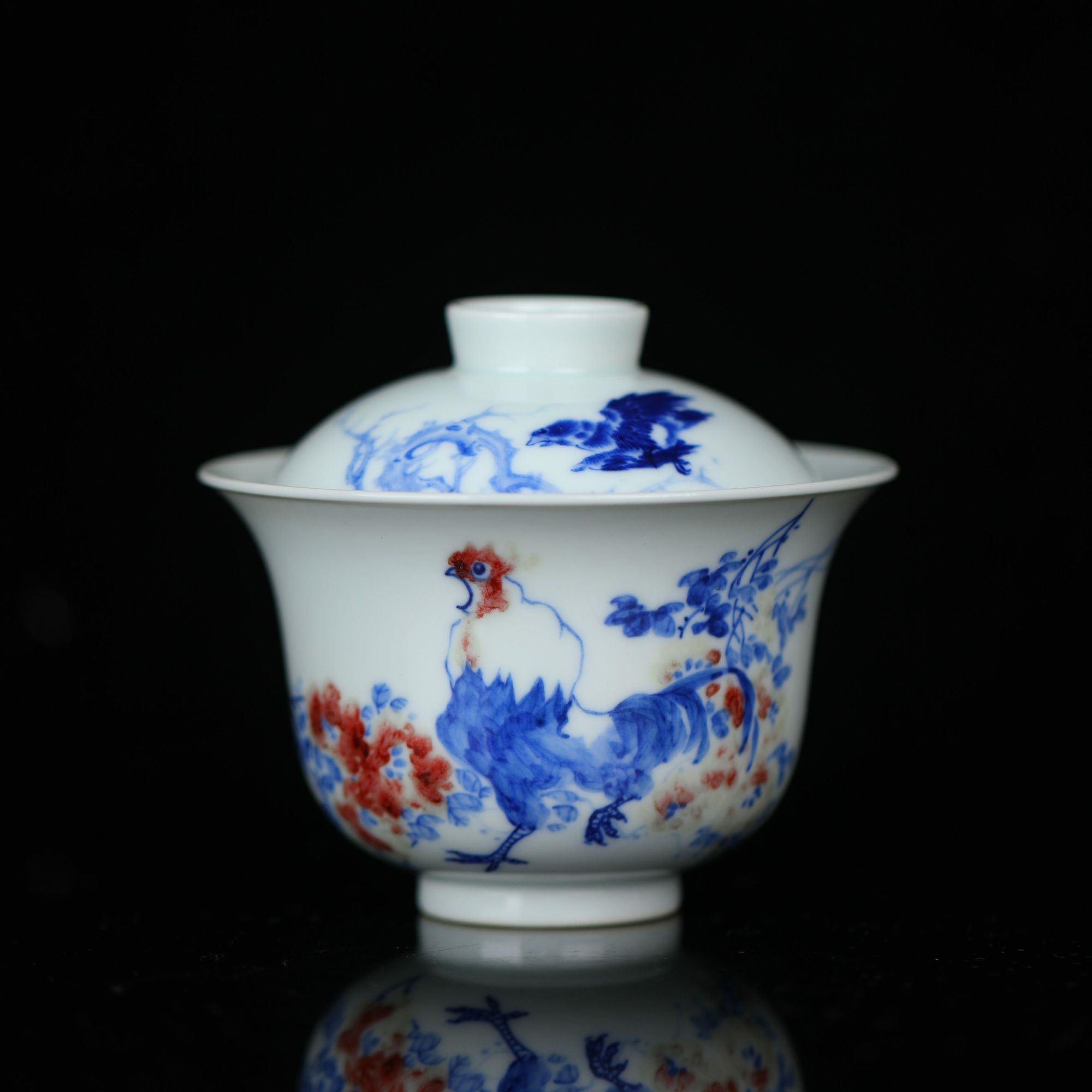 怀庸 青花釉里红锦鸡图盖碗