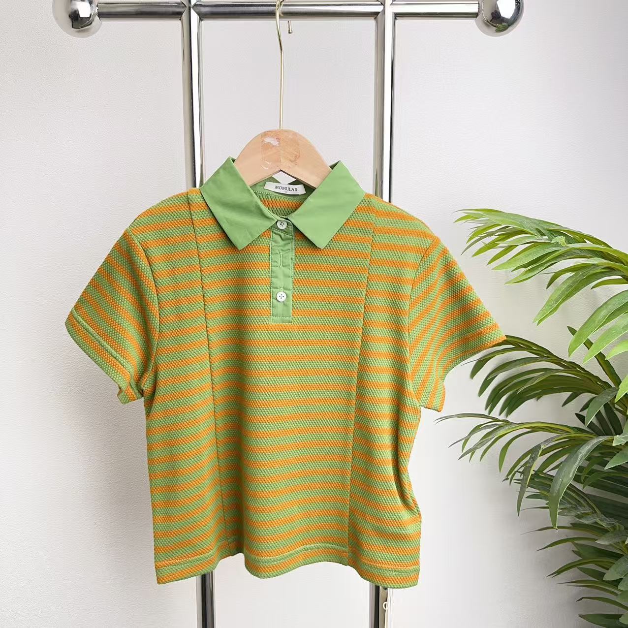 【B088】绿棕色条纹短袖POLO衫B8-8