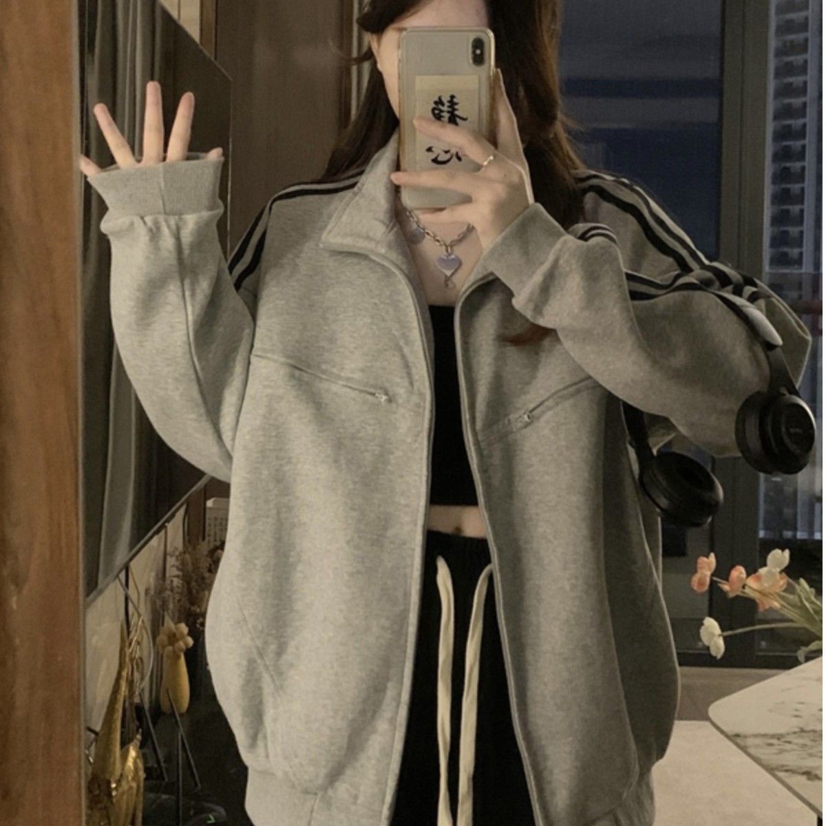 春秋时尚小众外穿双拉链设计开衫立领卫衣女宽松百搭双杠分割外套