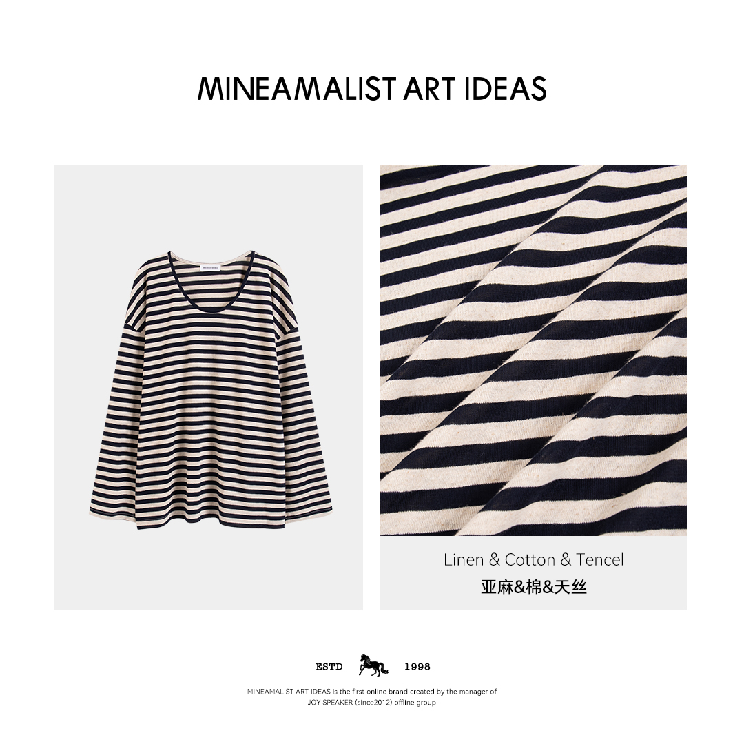 MINEAMALIST ART IDEAS圆领天丝亚麻宽松条纹落肩长袖T恤4003M