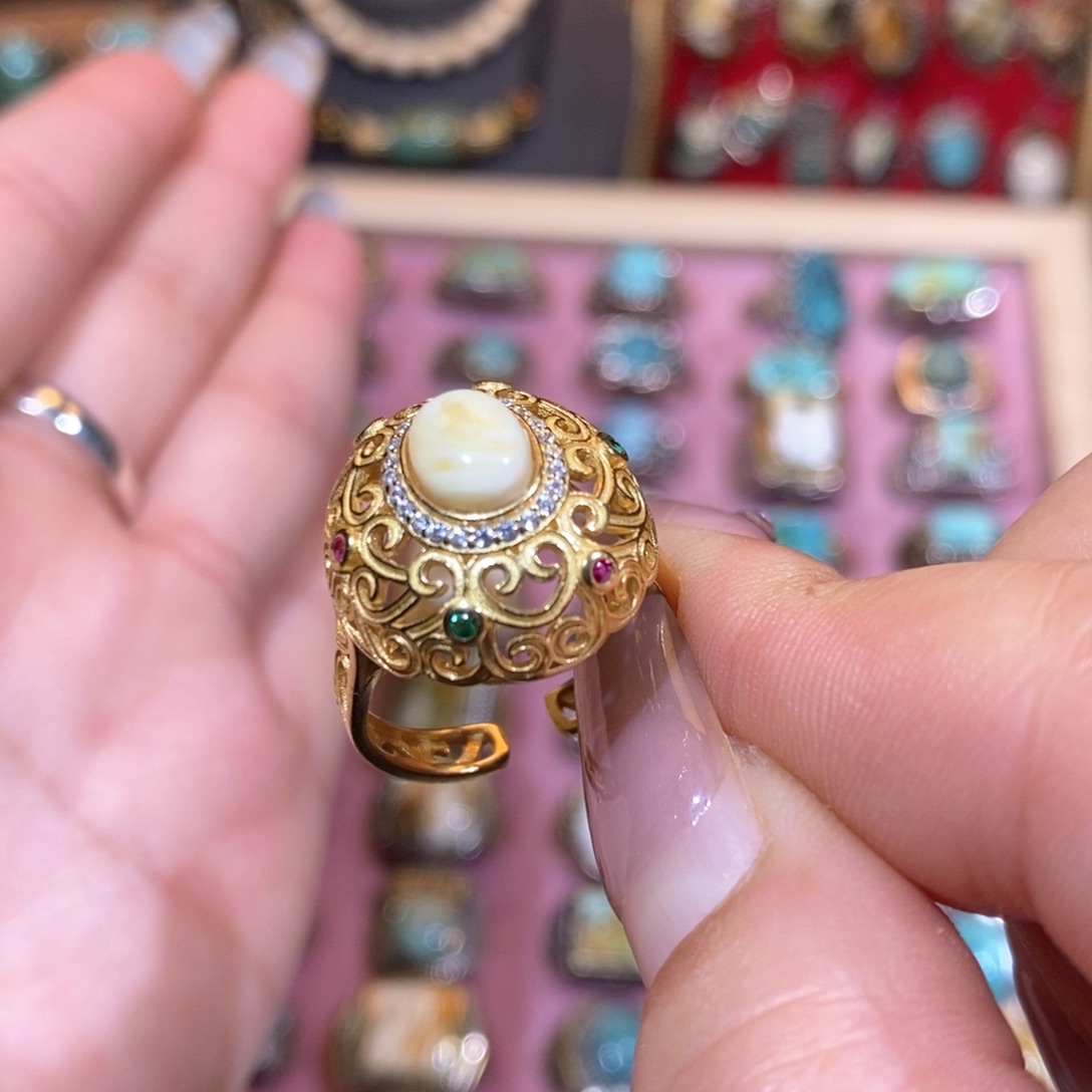 琥珀戒指银S925镀金镶嵌戒指