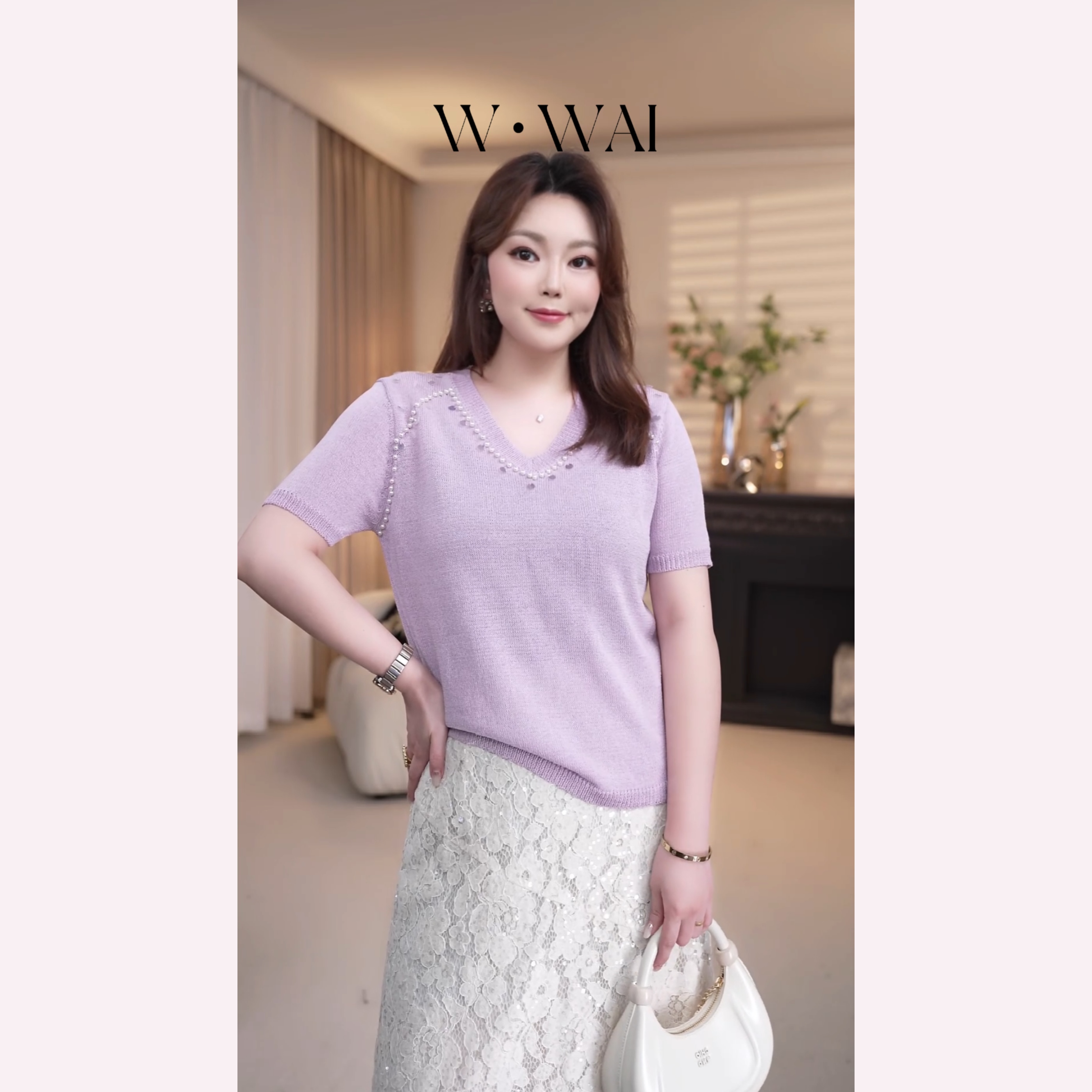 【眼中星河】显瘦气质V领手工钉珠和纸纱针织上衣 FX52Z012