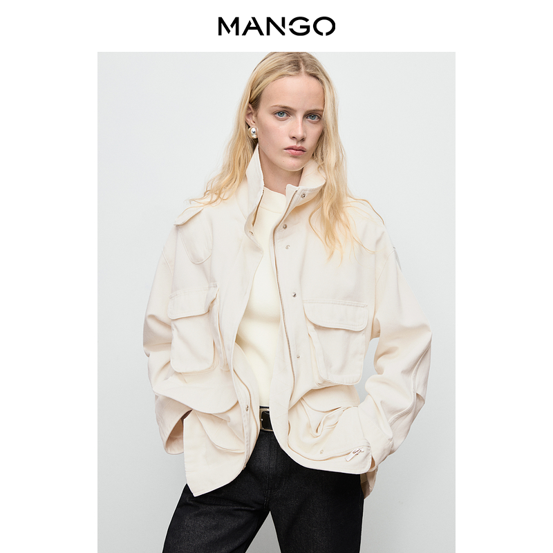 MANGO女装短外套2025秋装新款工装风廓形防风口袋牛仔派克外套