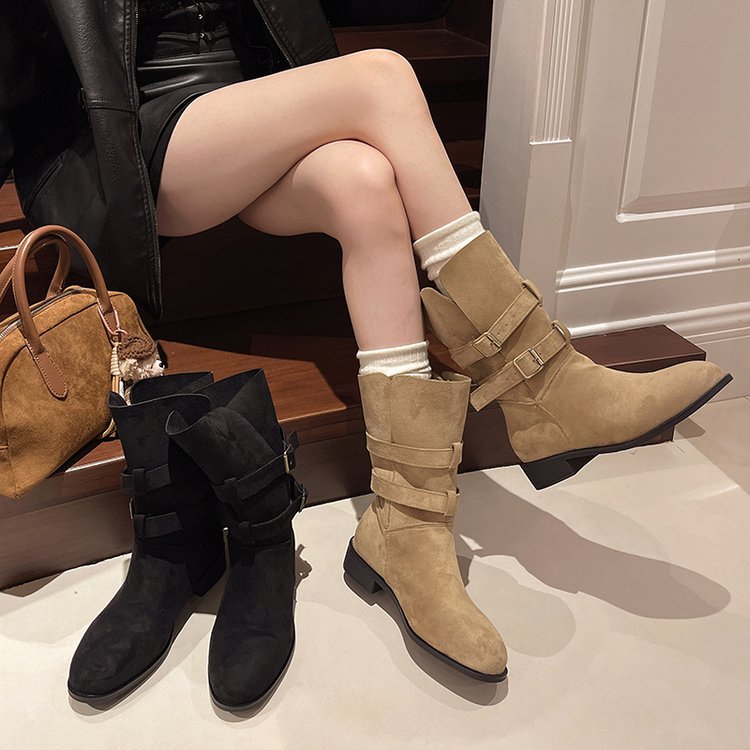 2025秋冬季新款西部靴绒面方跟中跟尖头短靴骑士靴爆款靴子