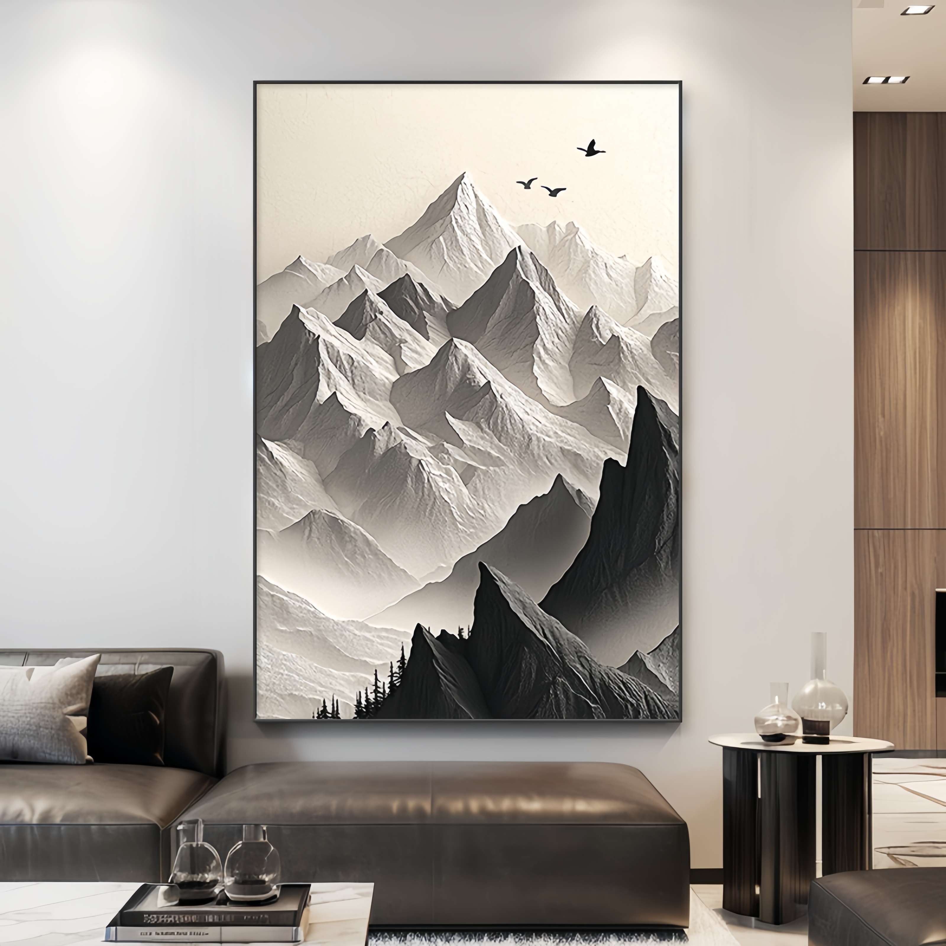 现代简约客厅装饰画黑白背有靠山挂画高级感轻奢画沙发背景墙壁画