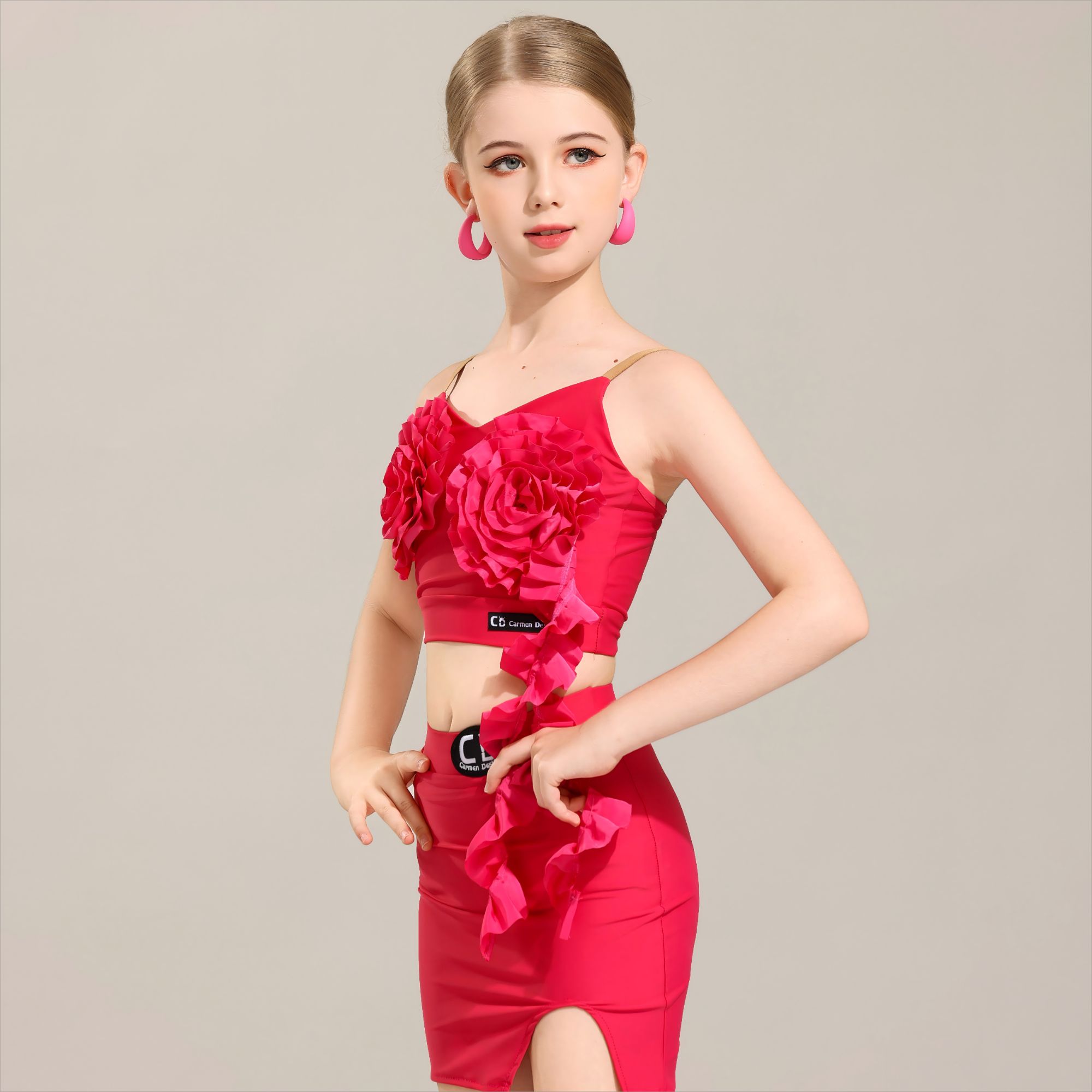 CD卡门新品夏季花朵拉丁练习服火龙果色包臀裙网红梦幻显白长腿