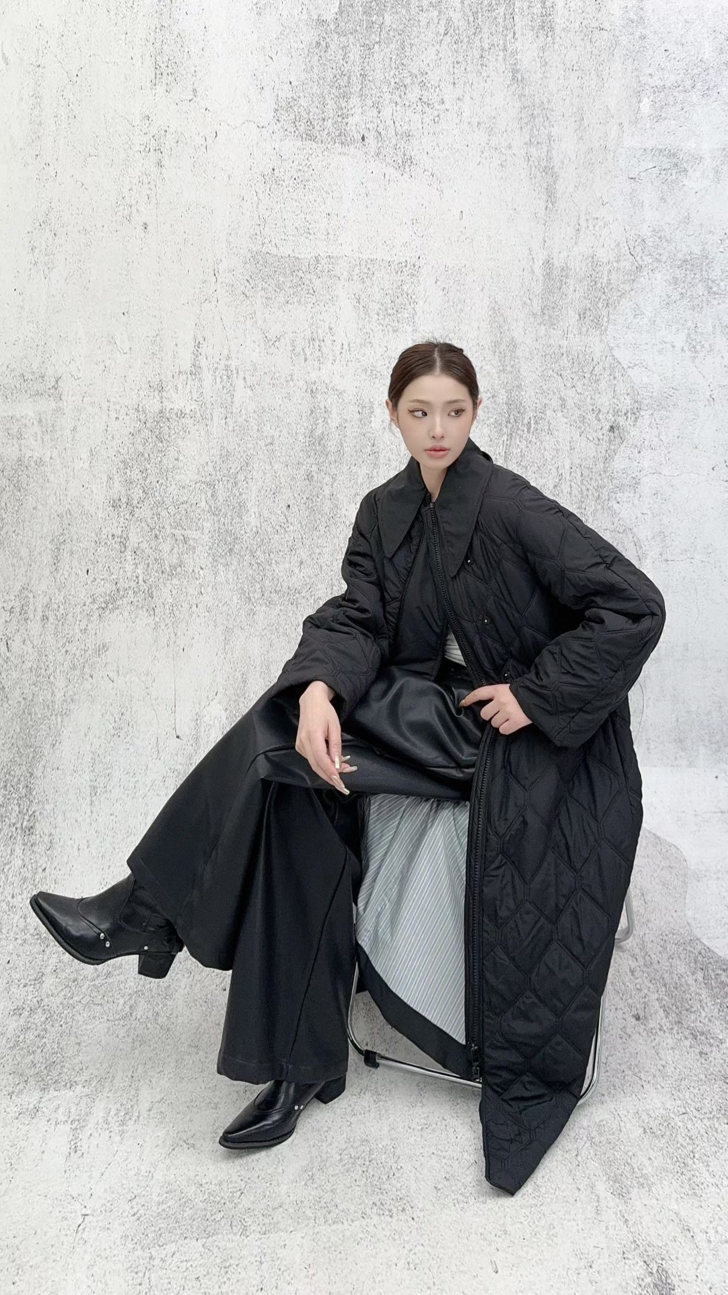 超大牌宽松黑色高级感显高长款棉服洋气百搭
