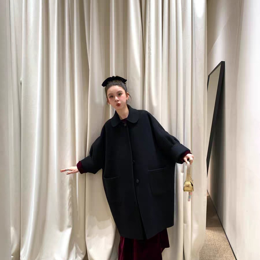 le rouge周美美  南青山古着屋全羊毛娃娃领斗篷中长款双面呢大衣