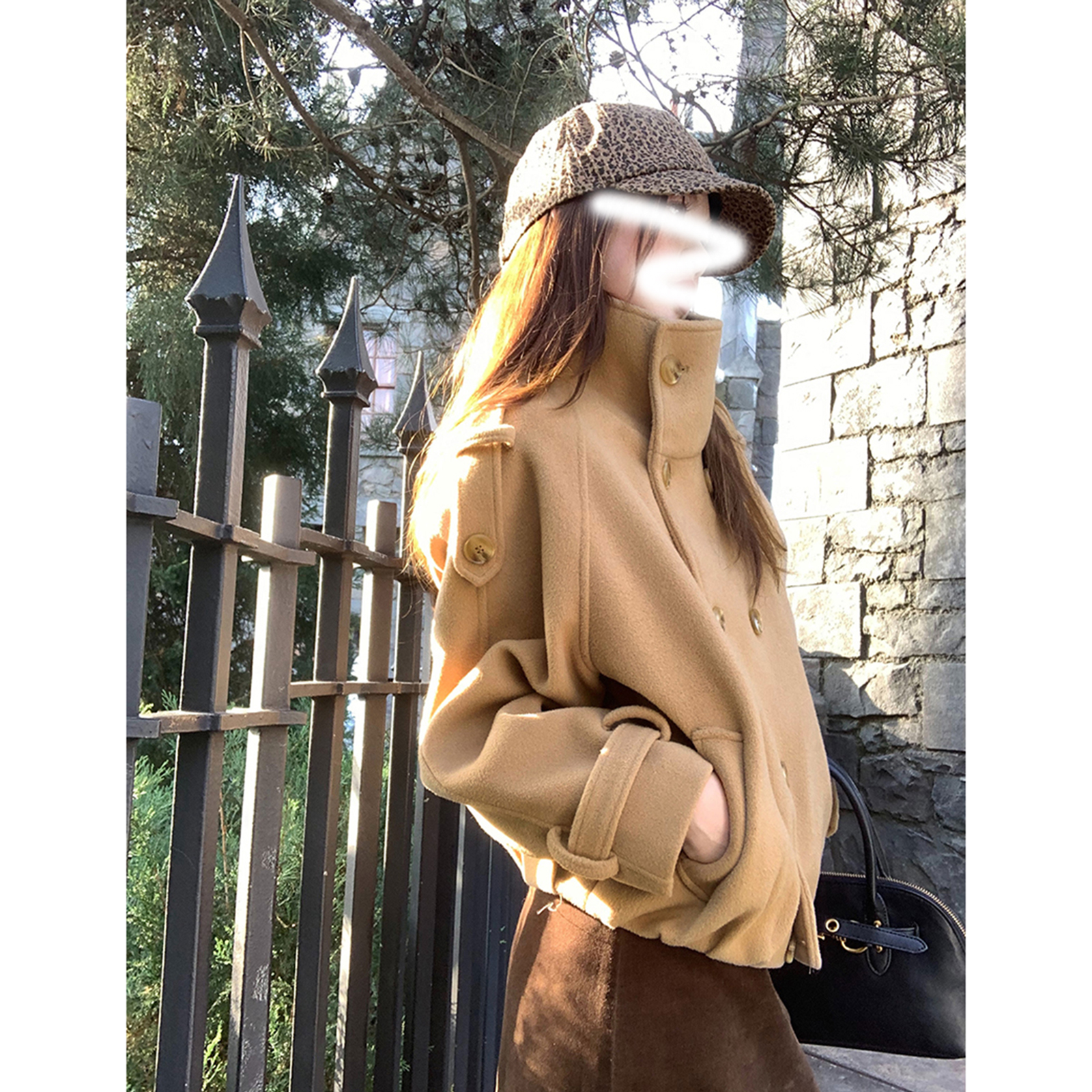 【午后苏黎世】宽松咩咩毛双排扣花苞下摆保暖短款秋冬单面呢外套女